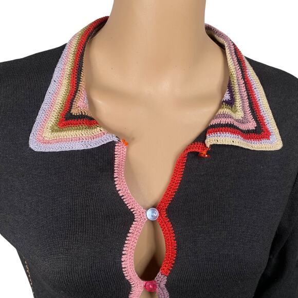 Vtg Y2K Relais Gray Colorful Crochet Stitch Elbow Patch Cardigan SZ M - Picture 3 of 9